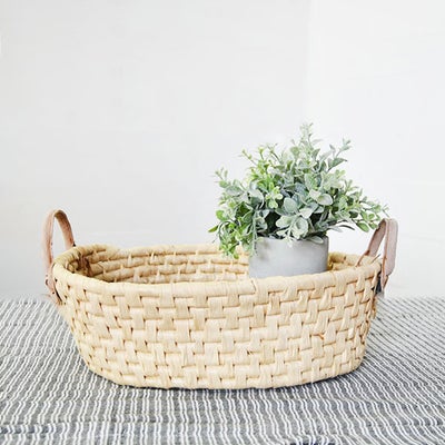 Wicker basket hot sale with leather straps